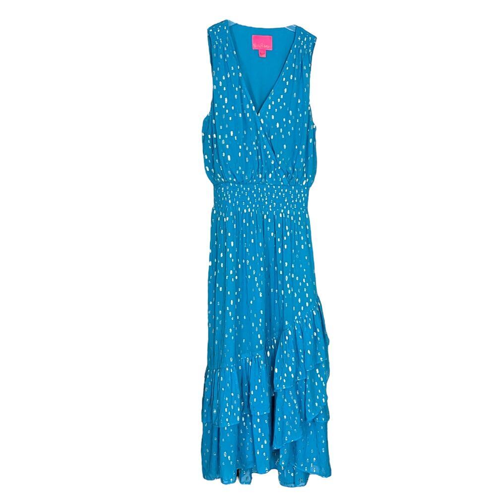 Lilly Pulitzer Teal Blue Sleeveless V-Neck Tiered Midi Dress
